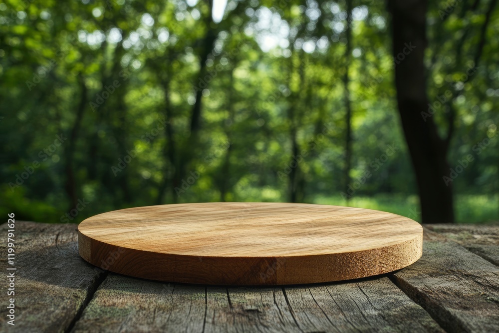 Poster empty wooden round table top with a blurred green forest background for product display presentation