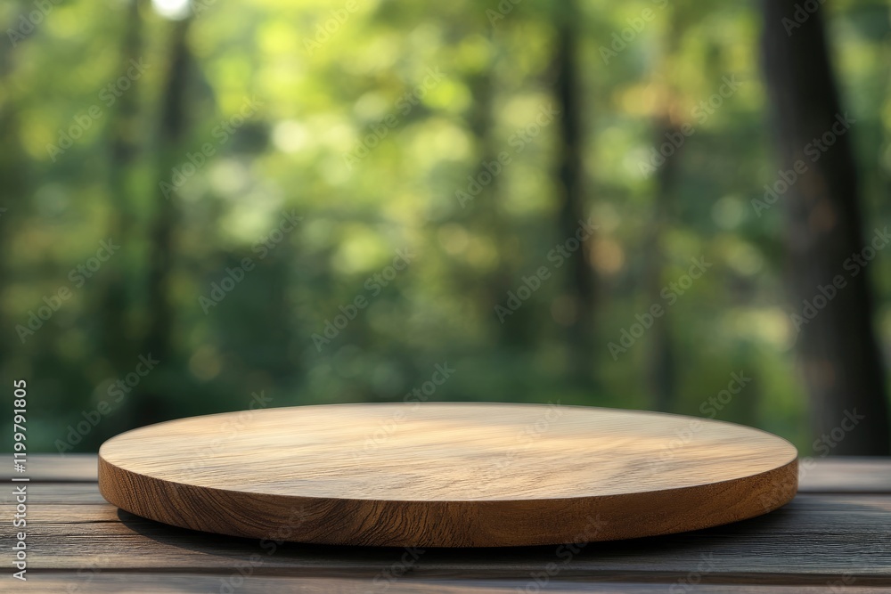 Poster empty wooden round table top with a blurred green forest background for product display presentation