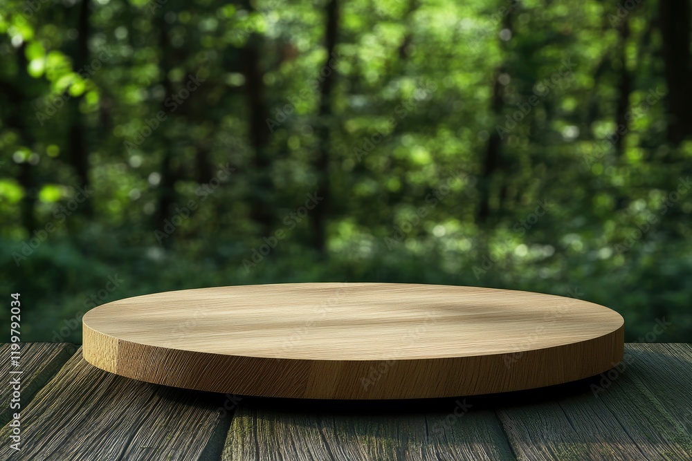 Poster empty wooden round table top with a blurred green forest background for product display presentation