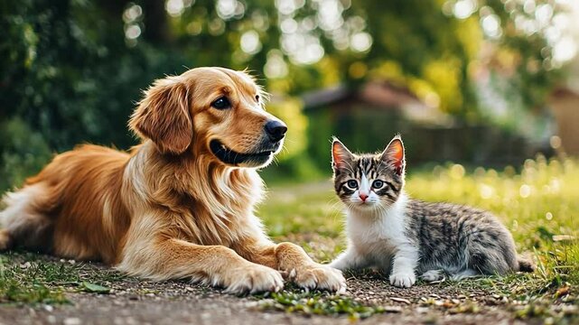 Golden Retriever and Kitten Companionship: A heartwarming scene of a golden retriever and a tiny tabby kitten nestled together outdoors, showcasing their unlikely friendship and gentle bond.