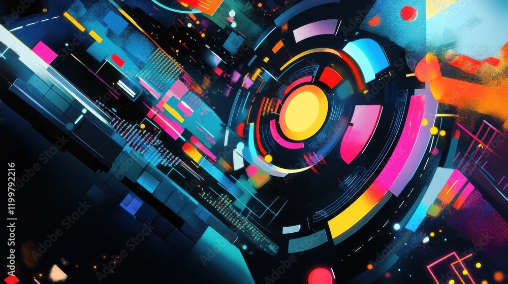 Aufkleber abstract digital composition featuring vibrant colors and geometric shapes in a dynamic layout
