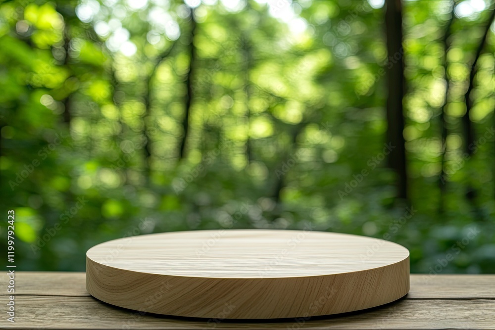 Poster empty wooden round table top with a blurred green forest background for product display presentation