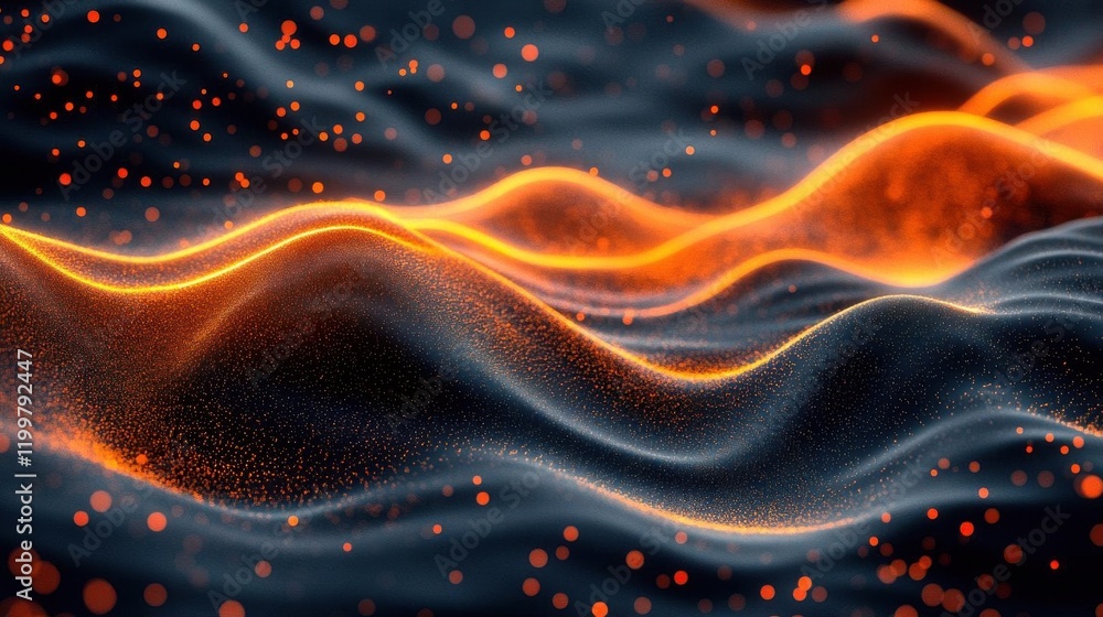 Poster a mesmerizing abstract representation of flowing waves illuminated with warm orange hues against a d