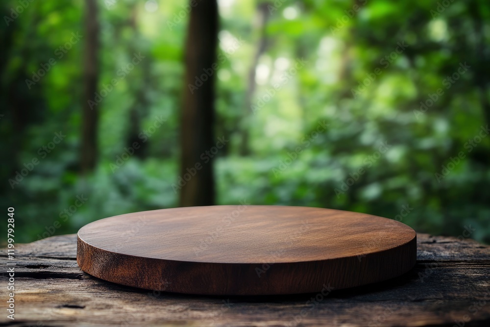 Poster empty wooden round table top with a blurred green forest background for product display presentation