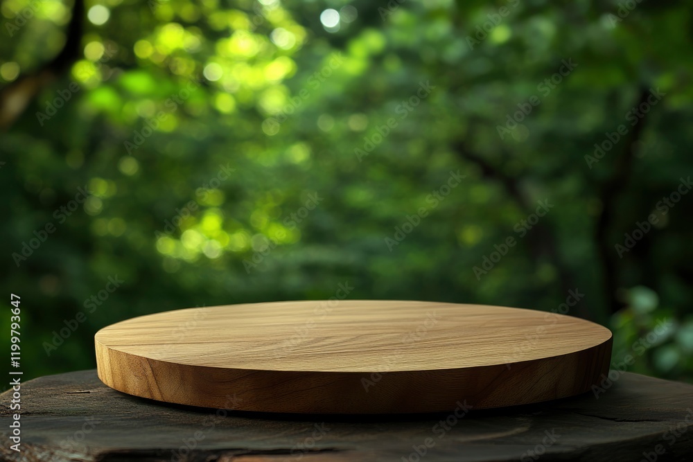 Poster empty wooden round table top with a blurred green forest background for product display presentation