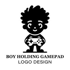 Minimalist Boy Holding Gamepad Logo Design for Gaming Brands, E-Sports Teams, and Video Game Enthusiasts Featuring Clean Black and White Style