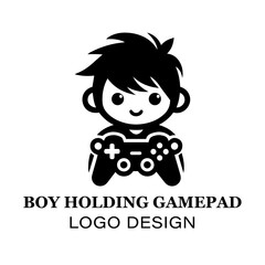 Minimalist Boy Holding Gamepad Logo Design for Gaming Brands, E-Sports Teams, and Video Game Enthusiasts Featuring Clean Black and White Style
