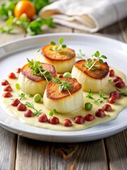 Luxurious pan-seared scallops with cauliflower purée, crispy bacon, and microgreens, elegantly plated on white porcelain with soft natural lighting