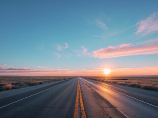 Serene Empty Highway Extending to the Horizon Under Clear Blue Skies at Sunset