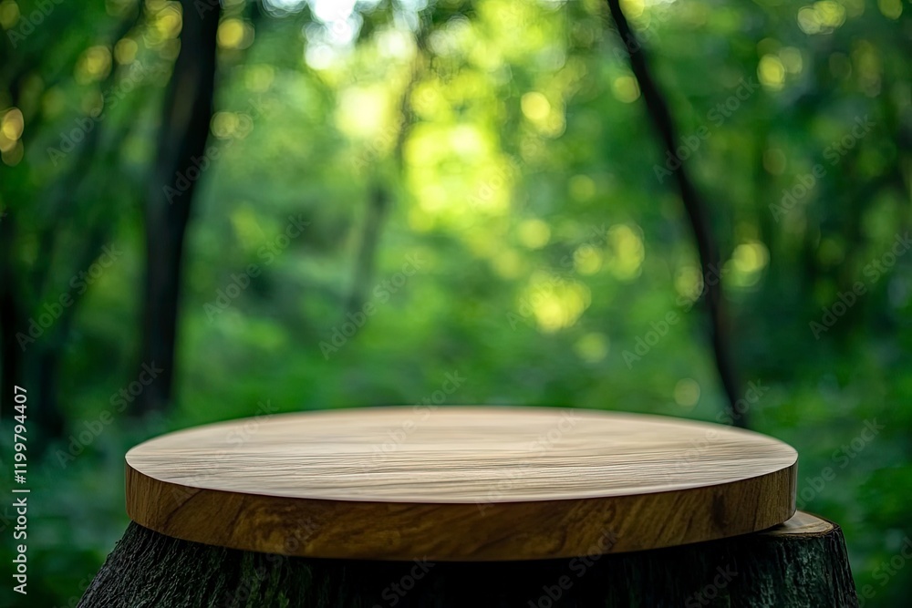 Poster empty wooden round table top with a blurred green forest background for product display presentation