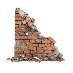 Crumbling Brick Wall with Exposed Mortar and Debris Isolated on transparent background