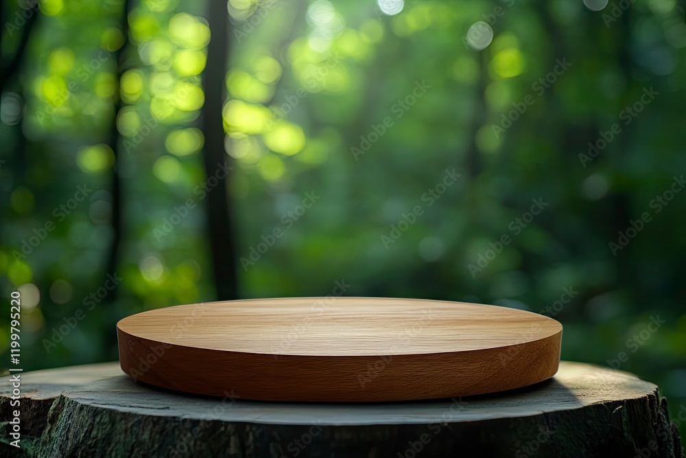 Poster empty wooden round table top with a blurred green forest background for product display presentation