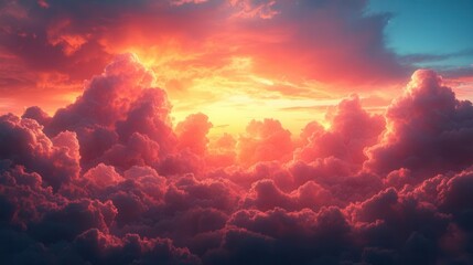 Naklejka premium A stunning sunset illuminates the sky with vibrant hues of orange, pink, and purple, casting a serene glow over fluffy clouds.