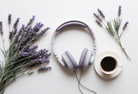 Lavender, headphones, and coffee on white background. - Powered by Adobe