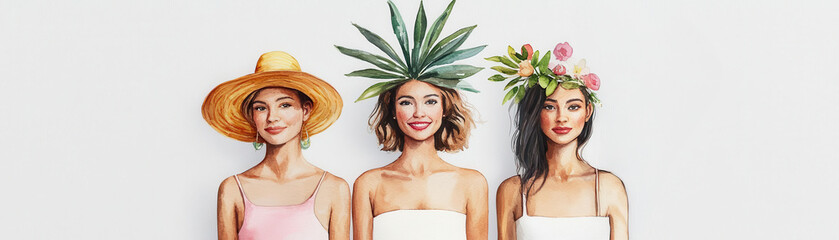 Naklejka premium Three women display unique plant-inspired headpieces.