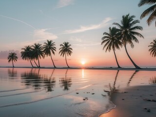 Sunset at a serene beach with palm trees reflecting golden hues on the water.