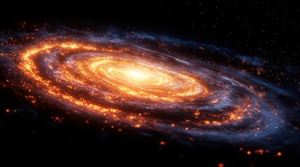 A stunning depiction of a spiral galaxy, showcasing vibrant orange and blue hues against a dark cosmic backdrop.