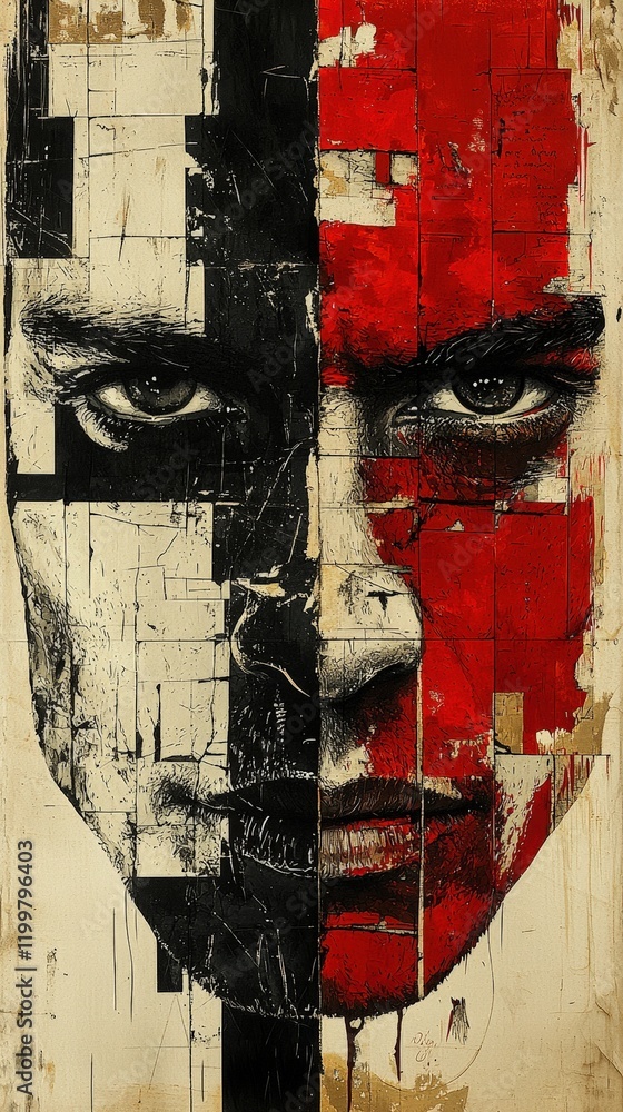 Poster intense portrait split by black and red sections. grungy textures and fragmented visuals convey dual