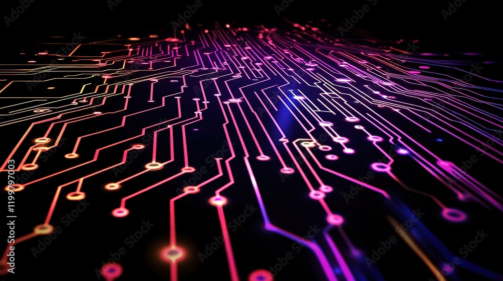 Poster abstract glowing circuit board pathways and nodes