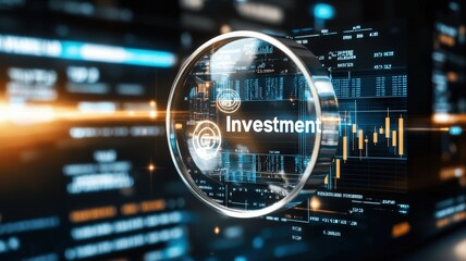 Obraz premium magnifying on word in business concept. Investment concepts with data visualizations in a high-tech digital interface.