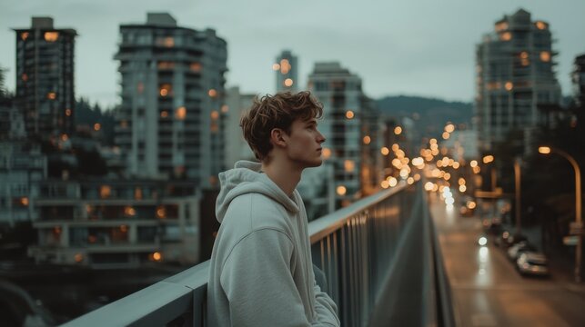 A young man stands alone on a bridge, gazing pensively at the vibrant city lights in the distance. The urban landscape glows warmly, reflecting a mood of contemplation and solitude
