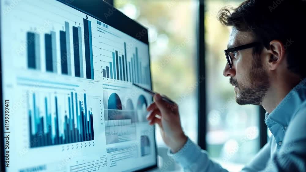 Aufkleber a focused individual analyzes data trends displayed on a large screen, utilizing graphs and charts i