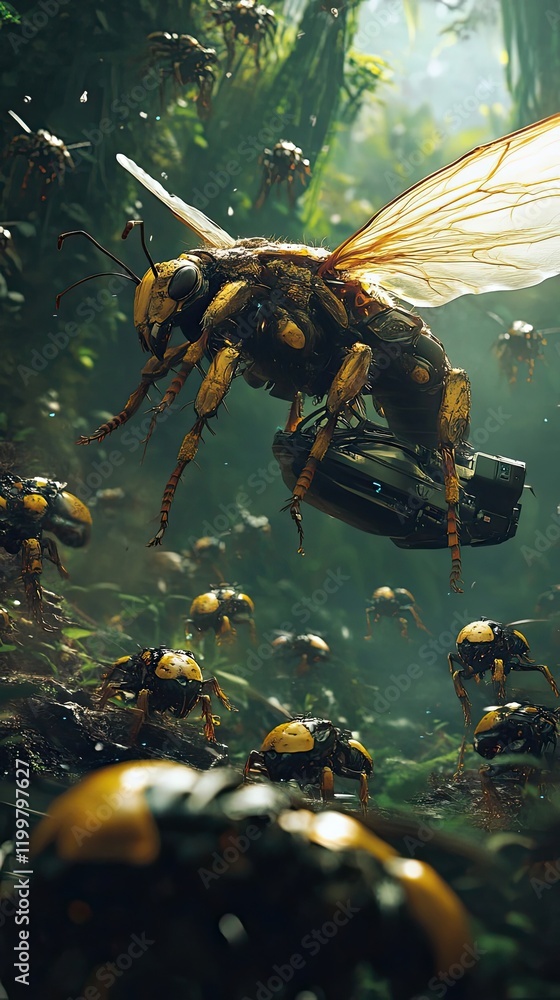 Poster a swarm of robotic bees in a lush jungle setting