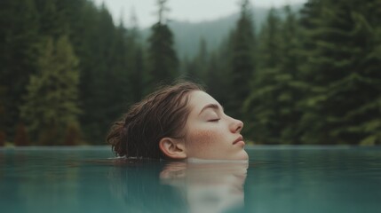 Fototapeta premium A person finds peace while gazing into the still waters, enveloped by a lush forest. This moment of self-reflection captures a sense of calm and contemplation