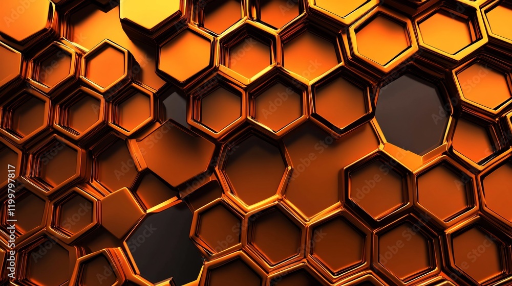 Poster abstract orange hexagon pattern: a 3d render of interlocking honeycomb structure