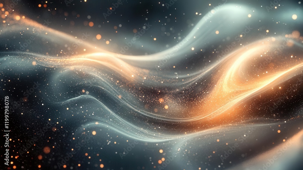 Poster a mesmerizing abstract design featuring flowing waves of light and particles in a gradient of cool a