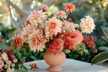 A vase of flowers sits on a table, with a variety of pink