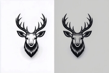 Black and white deer head vector logo on a light white background