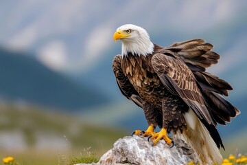 Obraz premium A bald eagle perched on a high rock, with its wings partially raised as it surveys the landscape below
