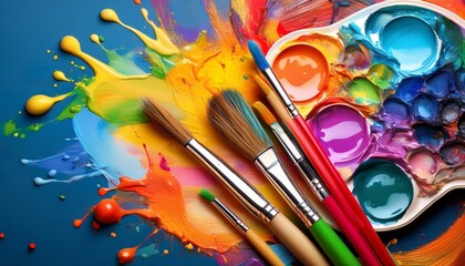 Obraz premium bright and colorful art supplies with paint splashes and brushes arranged around a paint palette showcasing creativity and artistic expression
