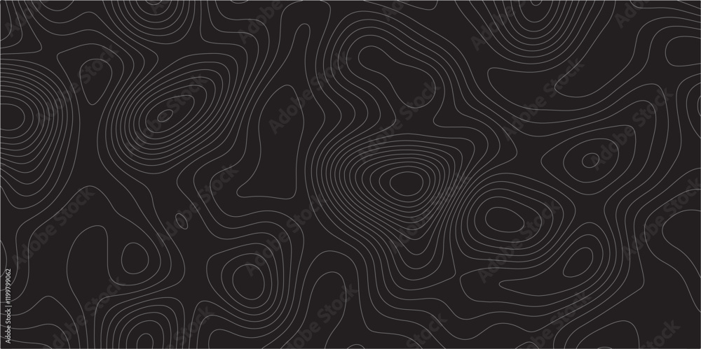 Poster Abstract white on black background Topographic line map pattern. Contour elevation topographic and textured Background Modern design with black background with topographic wavy patted.	