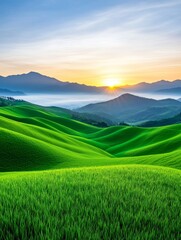 Sunrise Over Rolling Green Hills - Serene sunrise over misty valley, symbolizing peace, tranquility, new beginnings, nature's beauty, and hope.