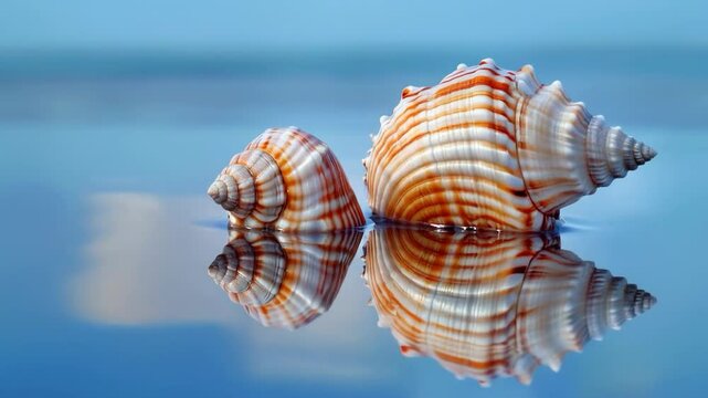 Video with sea shells on the background of calm water. Suitable for advertising resorts, spas, cosmetic brands.
