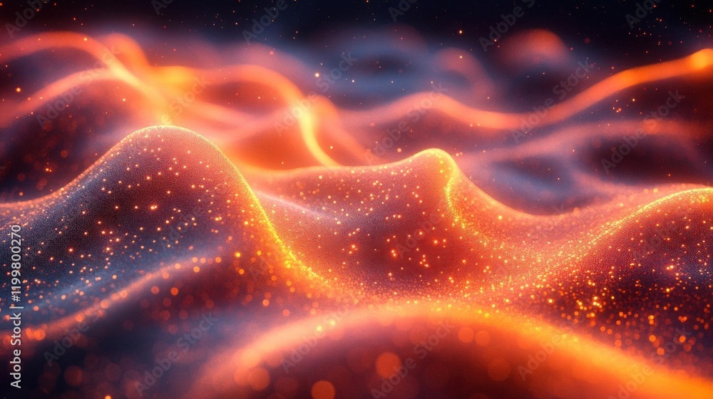Poster a vibrant visualization of flowing waves illuminated by glowing particles, creating an abstract, dyn