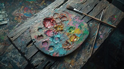 Colorful artist palette on a rustic wooden table