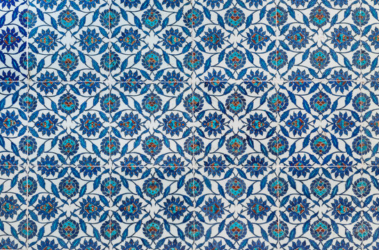 Vintage ceramic tiles, Iznik tiling decor from Rustem Pasa Mosque in Istanbul, Turkey..