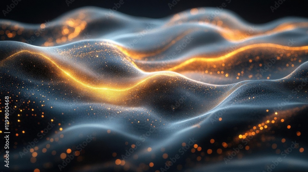 Poster a mesmerizing abstract image of flowing waves illuminated by golden particles, creating a sense of d