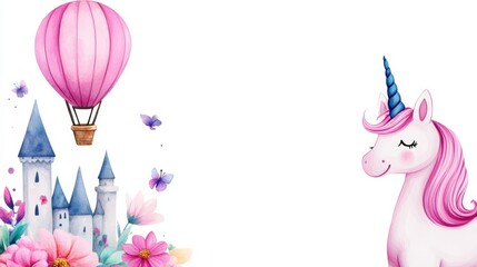 Unicorn Castle Hot Air Balloon Dream - Watercolor illustration of a cute unicorn, a fairytale castle, hot air balloon and flowers, perfect for children's products.
