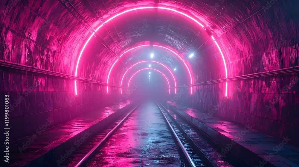 Aufkleber Mysterious Neon Tunnel with Pink Lights and Fog Creating an Atmospheric Scene, Ideal for Sci-Fi or Futuristic Themes in Urban Photography