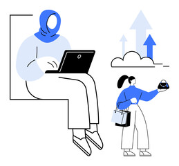 Two characters engaging in different activities, one working on a laptop and another holding a shopping bag and phone, with growth arrows indicating progress and success. Ideal for remote work