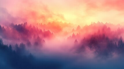 Fototapeta premium A serene landscape featuring misty forests under a colorful sunrise, blending soft pinks and blues with a tranquil atmosphere.