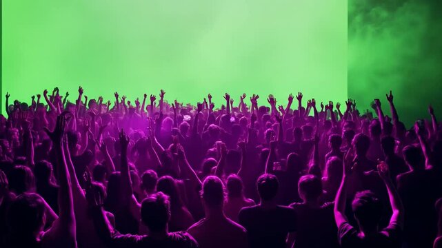 back view of huge crowd dancing and cheering at a concert or a show on green screen