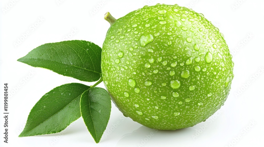 Aufkleber isolated of a single guava with water droplets on its skin positioned centrally on a seamless white 