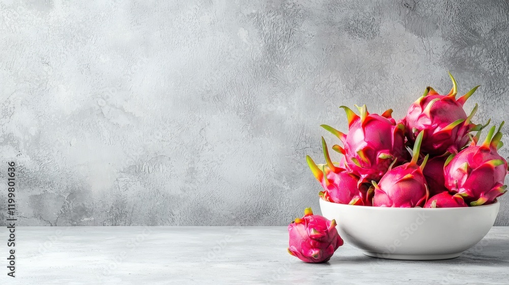 Poster isolated of dragon fruits piled in a decorative bowl showcasing their exotic texture on a clean whit
