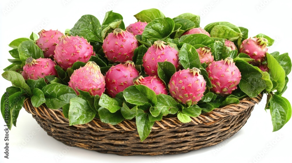 Poster Isolated of dragon fruit and guava arranged together in a rustic basket creating a tropical presentation on a white background Stock Photo with side copy space