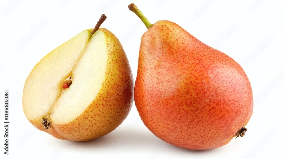 Aufkleber Isolated of a single ripe yellow pear with a smooth surface and a green stem placed on a plain white background Stock Photo with side copy space